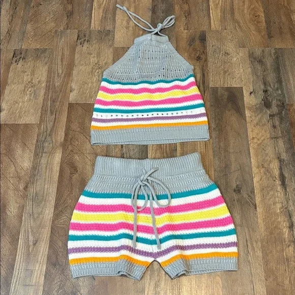 2 Piece Crochet Halter & Shorts Outfit Candy Color Stripes Small/Medium Juniors - Picture 13 of 17